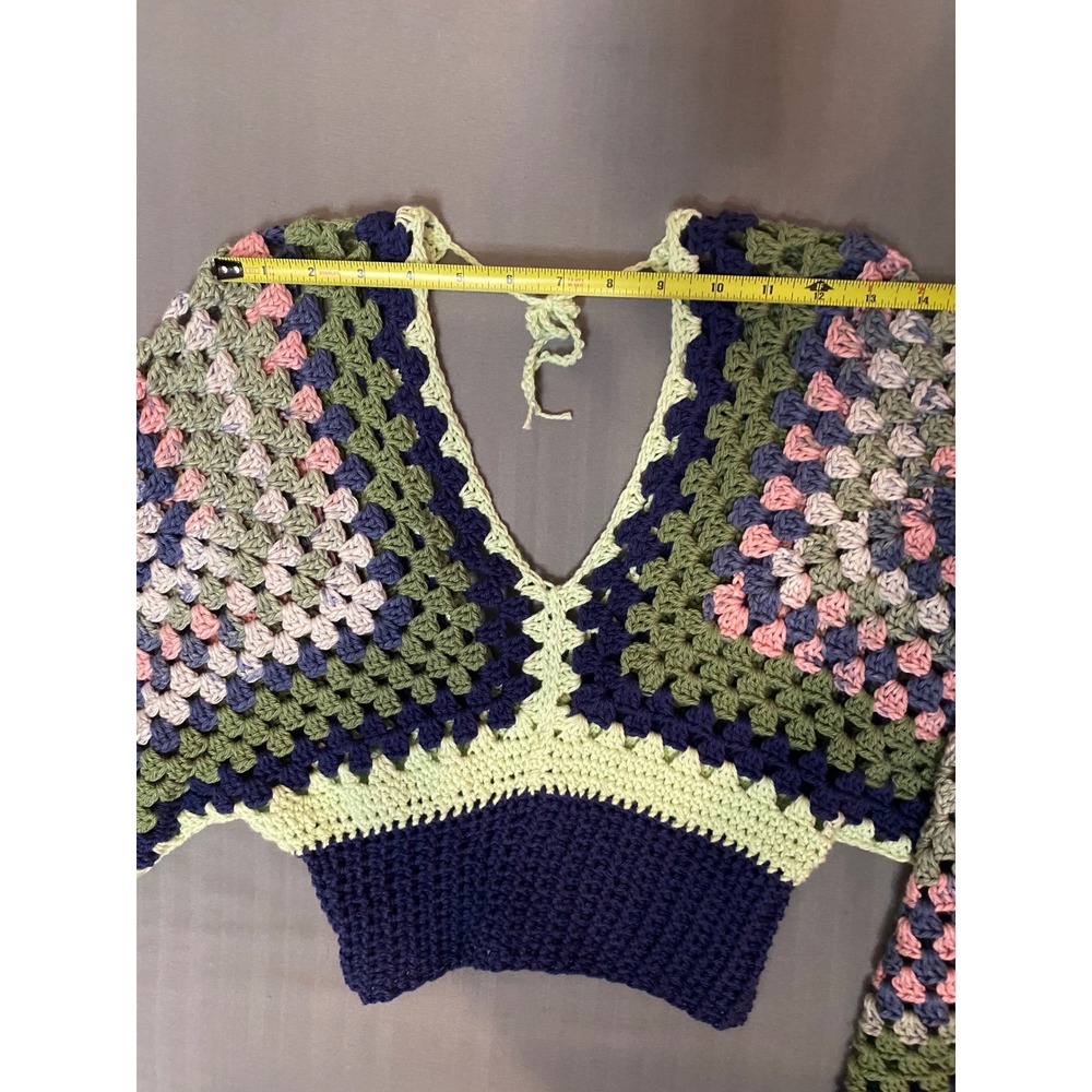 Handmade Crochet Granny Square Crop Top Bell Sleeve Green Navy Pink Boho V-Neck - Picture 4 of 6